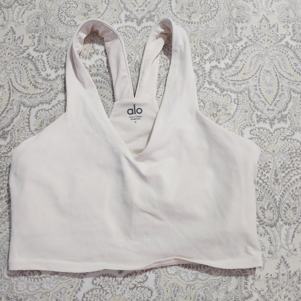 Alo Yoga Real Bra Tank Top Light Pink Blush V-Neck Cropped Sport Bra Size S